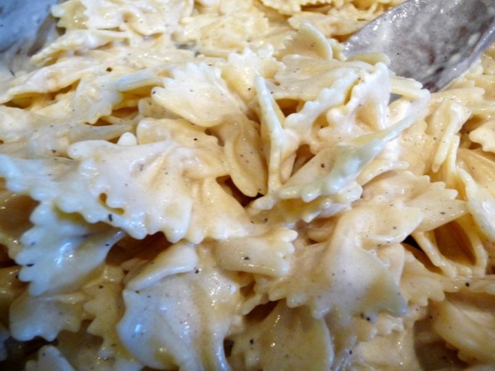 close up photo of my best ever alfredo sauce served on top of bow tie pasta