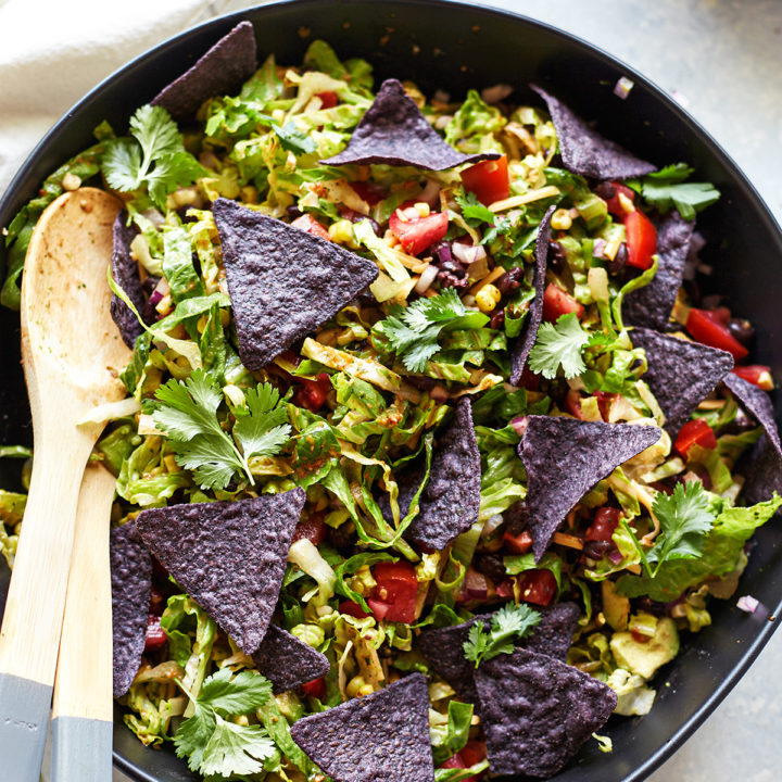 Overhead view of a veggie taco salad in a bowl