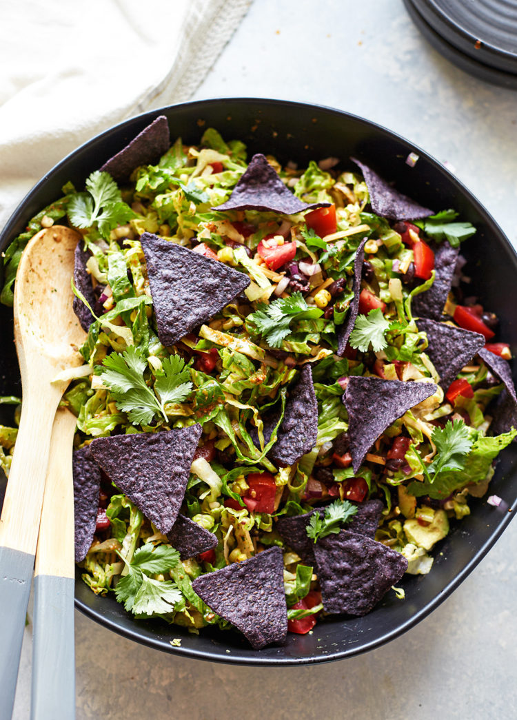 Overhead view of a veggie taco salad in a bowl