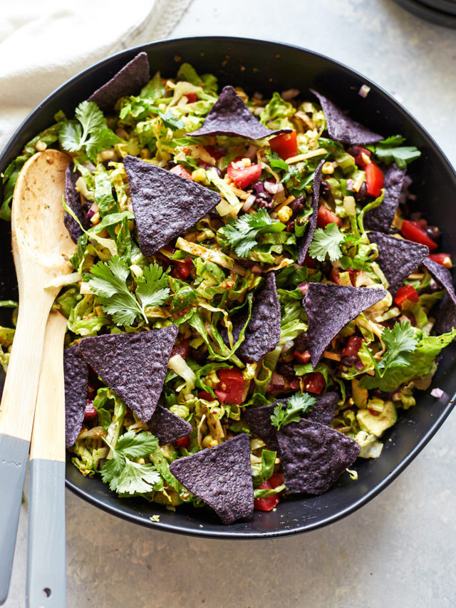 Overhead view of a veggie taco salad in a bowl