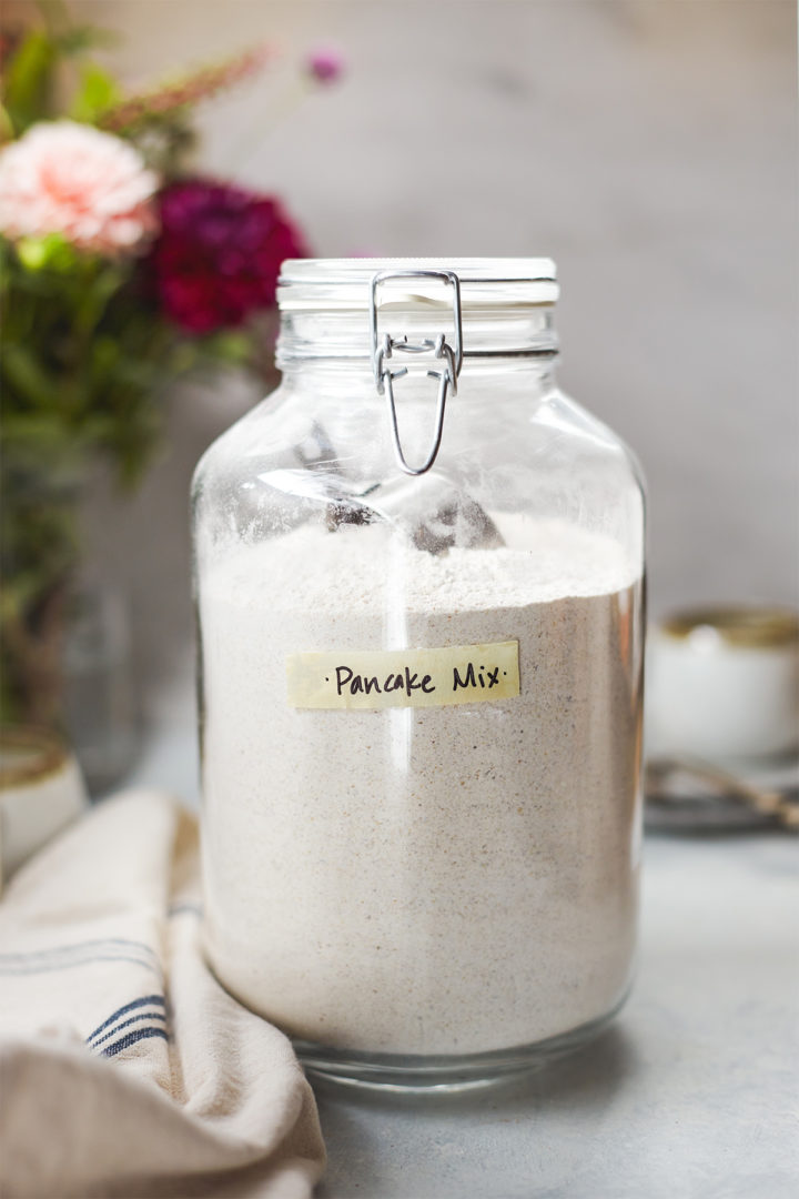 a jar of mix for making multigrain pancakes