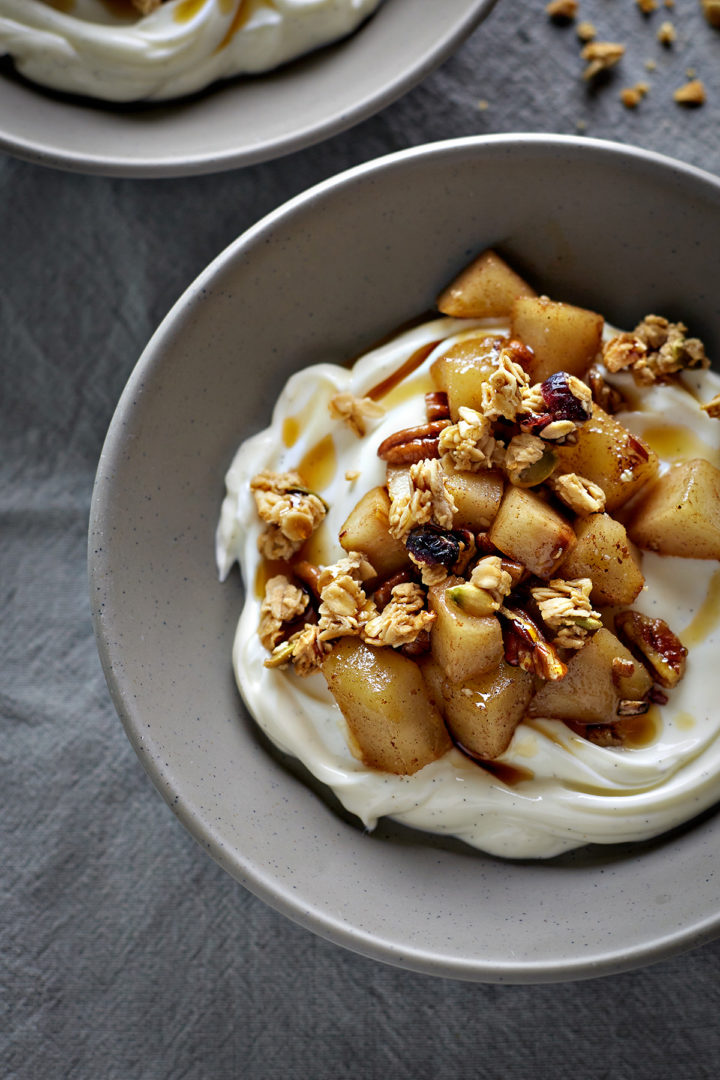 close up of a bowl of pear compote