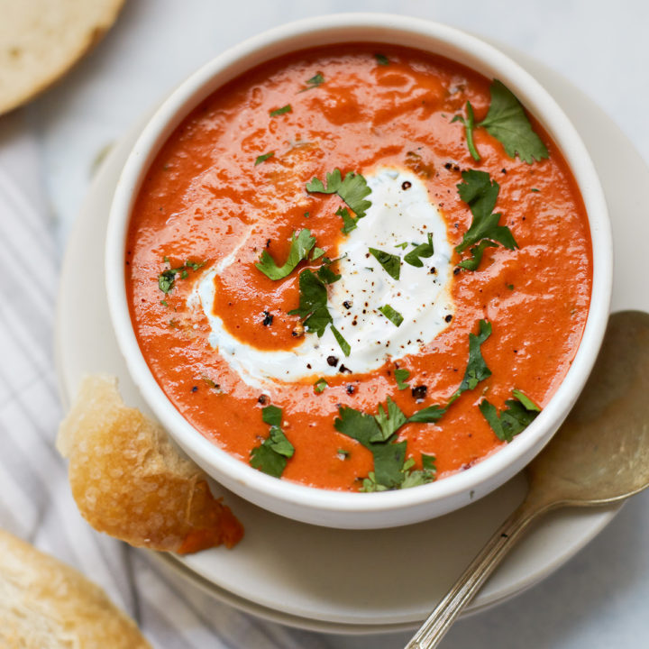 bowl of roasted red pepper soup