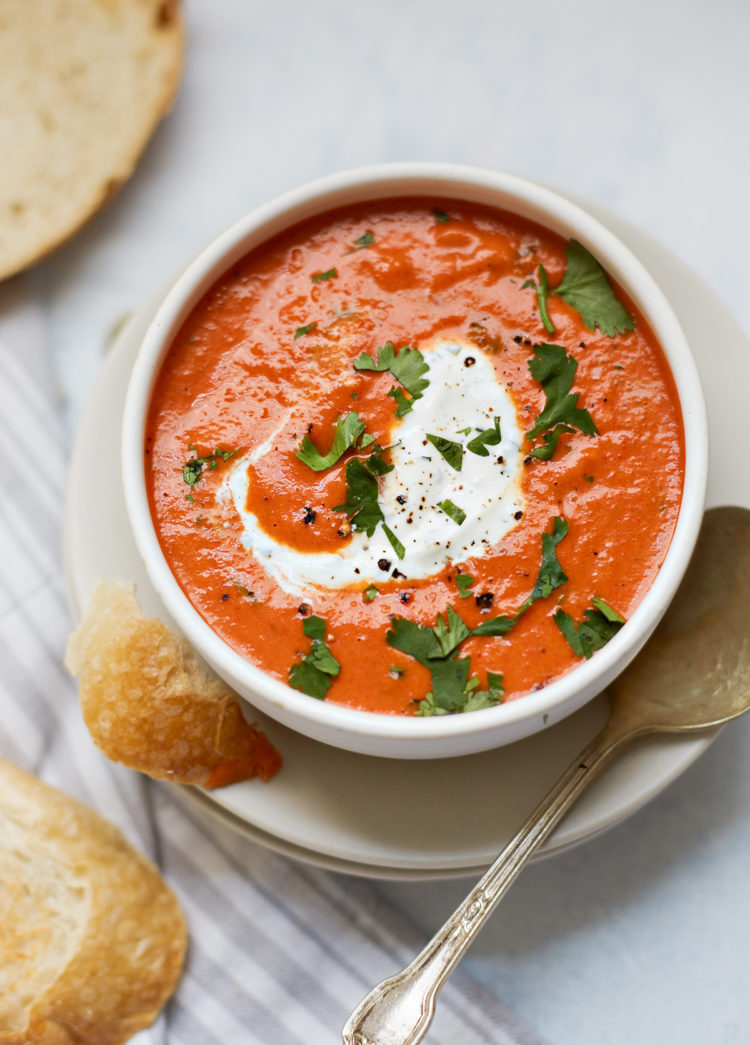 bowl of roasted red pepper soup