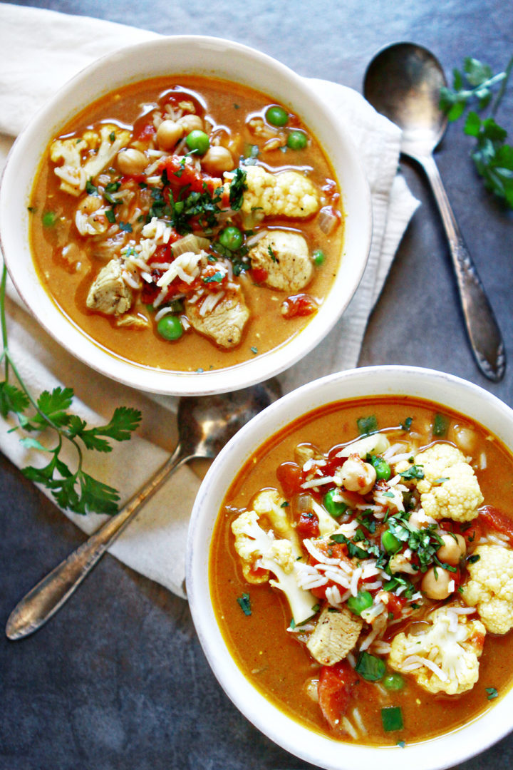 overhead view of bowls of chickpea curry soup