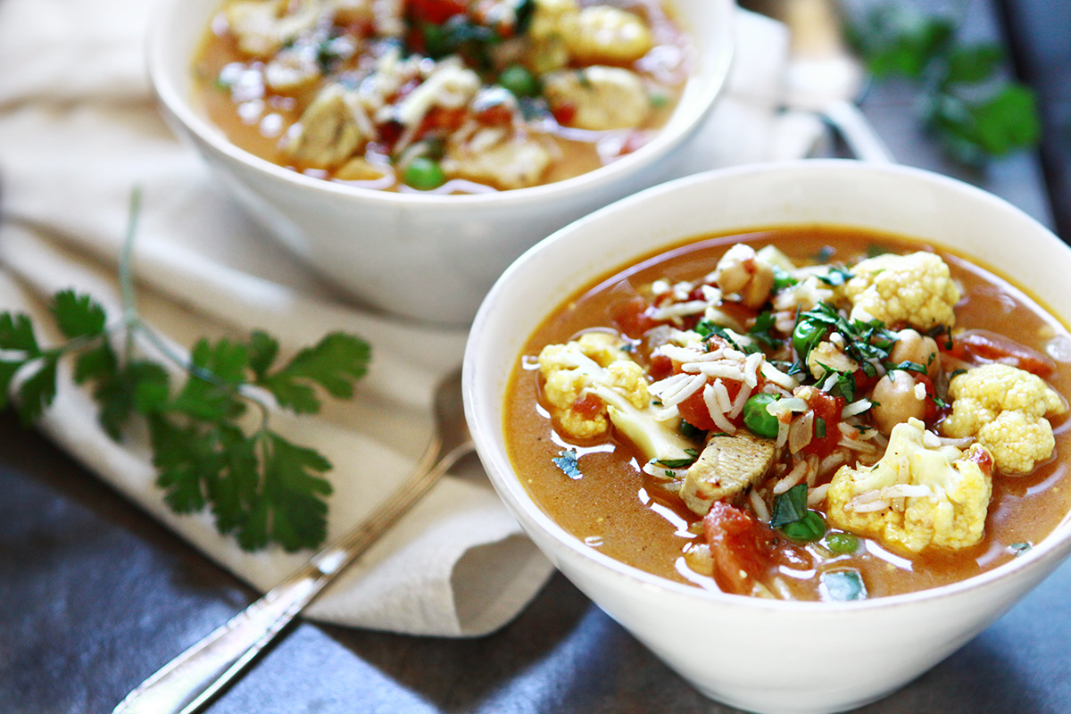 two bowls of coconut curry chickpea soup