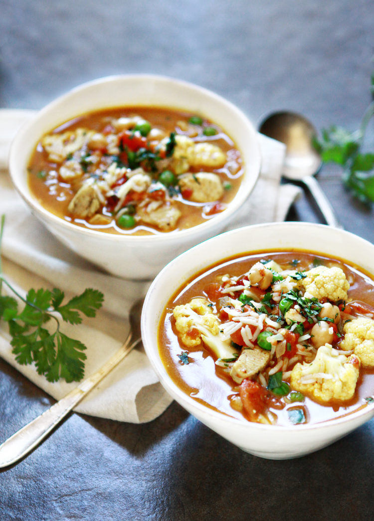 two bowls of curried chickpea soup