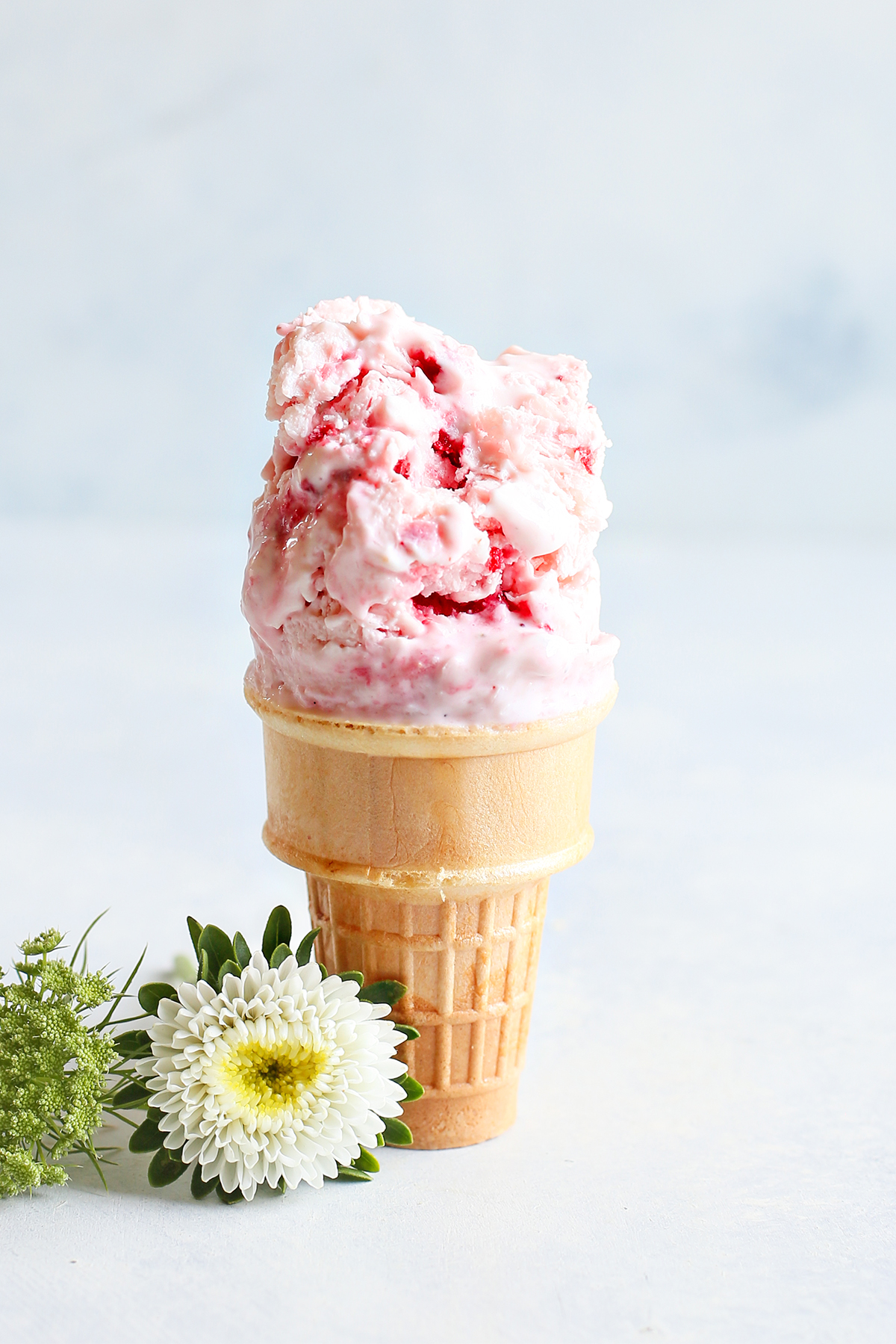 Strawberry frozen yogurt in glass bowl, ice cream balls, container