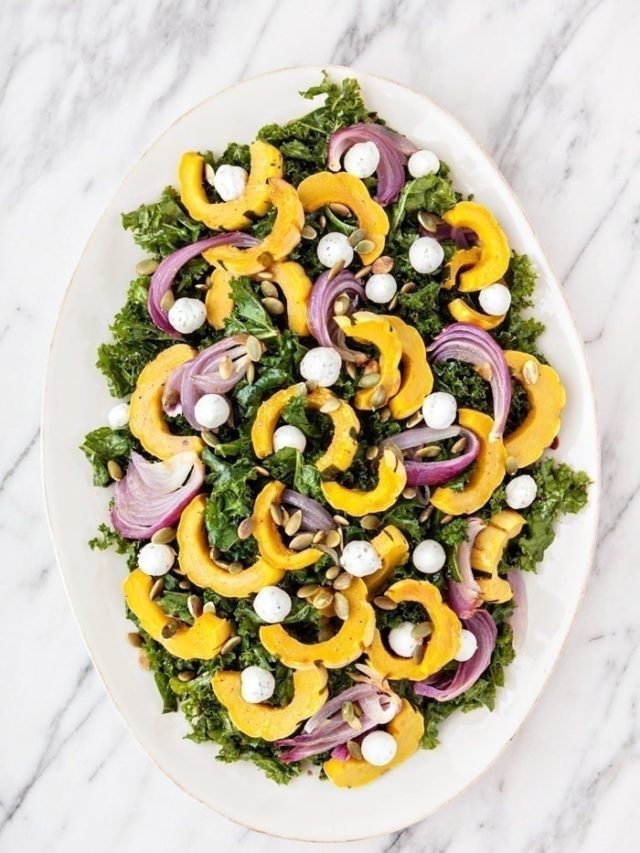 Massaged Kale Salad with Roasted Squash, Goat Cheese, and Pepitas