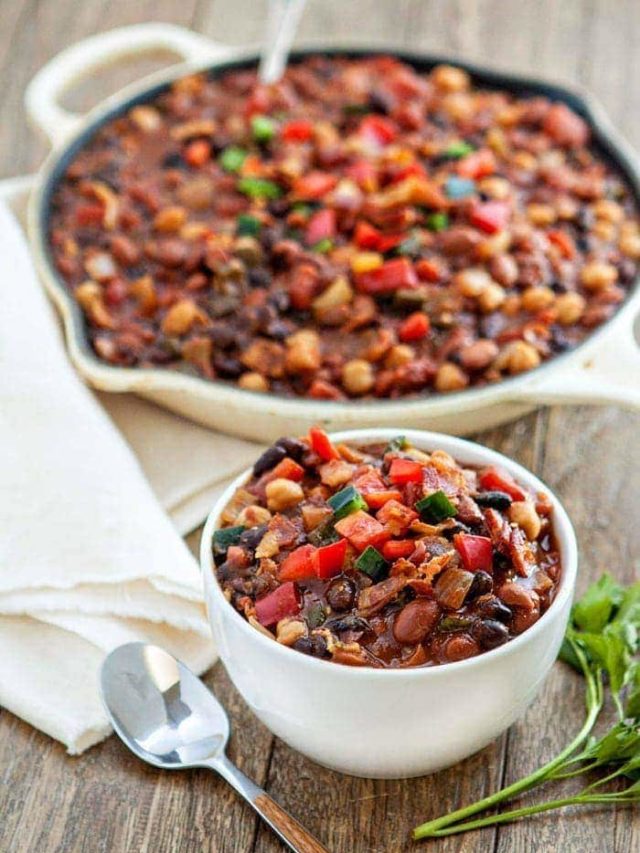 Slow Cooker Baked Bean Trio with Bacon and Peppers