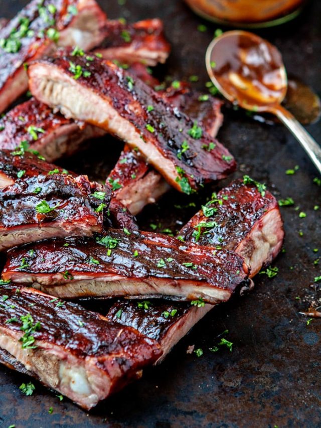 photo of smoked ribs with mango habanero bbq sauce on them