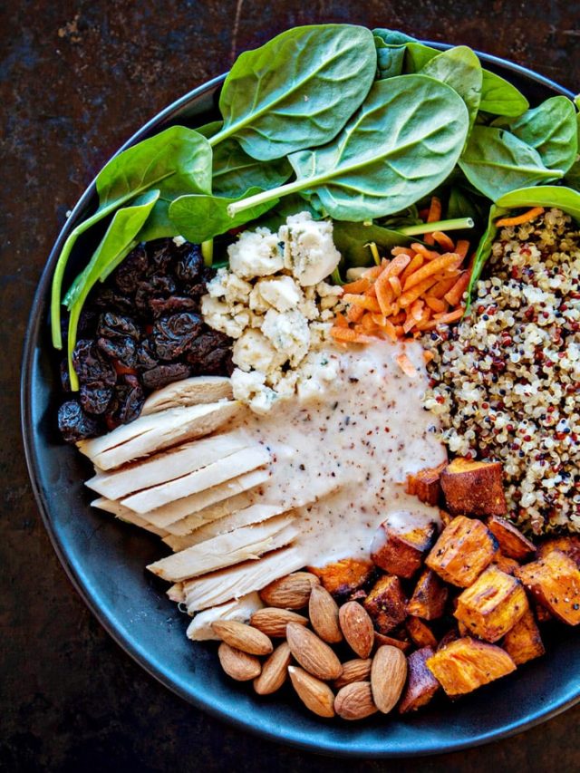 Winter Spinach Chicken Salad Quinoa Bowl with Creamy Almond White Balsamic Dressing