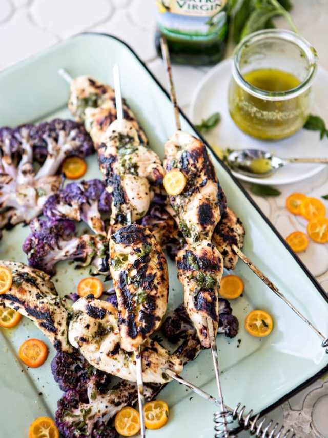 Basil Kumquat Grilled Chicken Skewers with Cauliflower Steaks photos