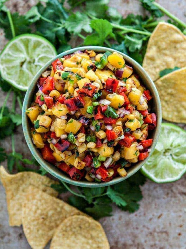 Mango Salsa with Grilled Corn and Blistered Red Peppers