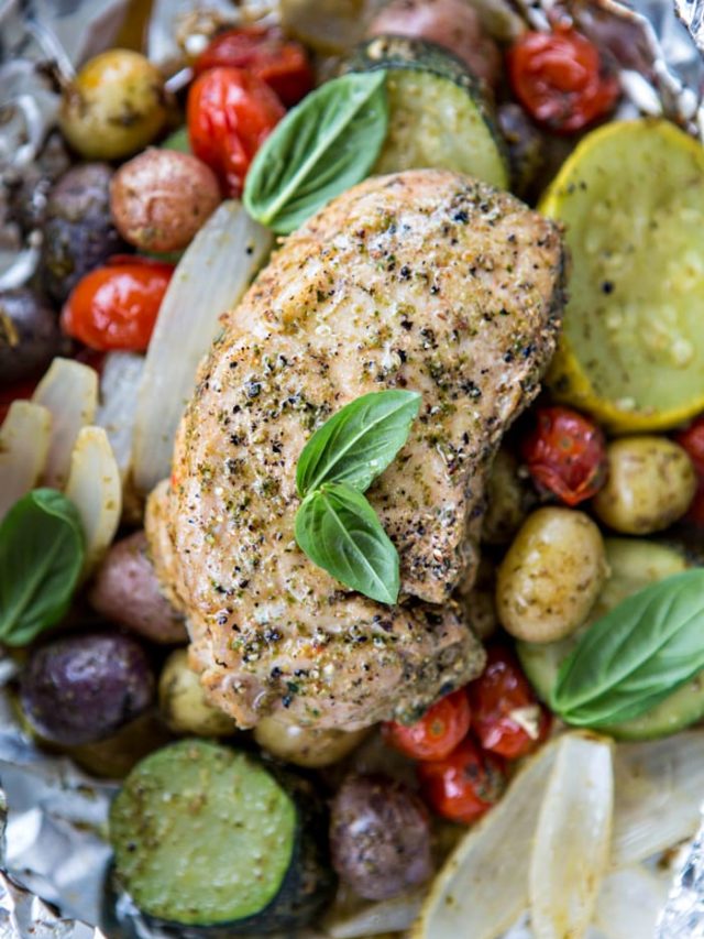 Pesto Pork Chop and Summer Vegetable Foil Dinners