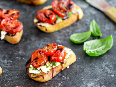 Roasted Tomato Crostini With Walnut Almond Pesto And Goat Cheese Good Life Eats