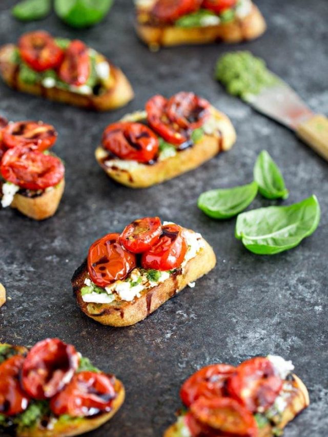 Roasted Tomato Crostini with Walnut Almond Pesto and Goat Cheese