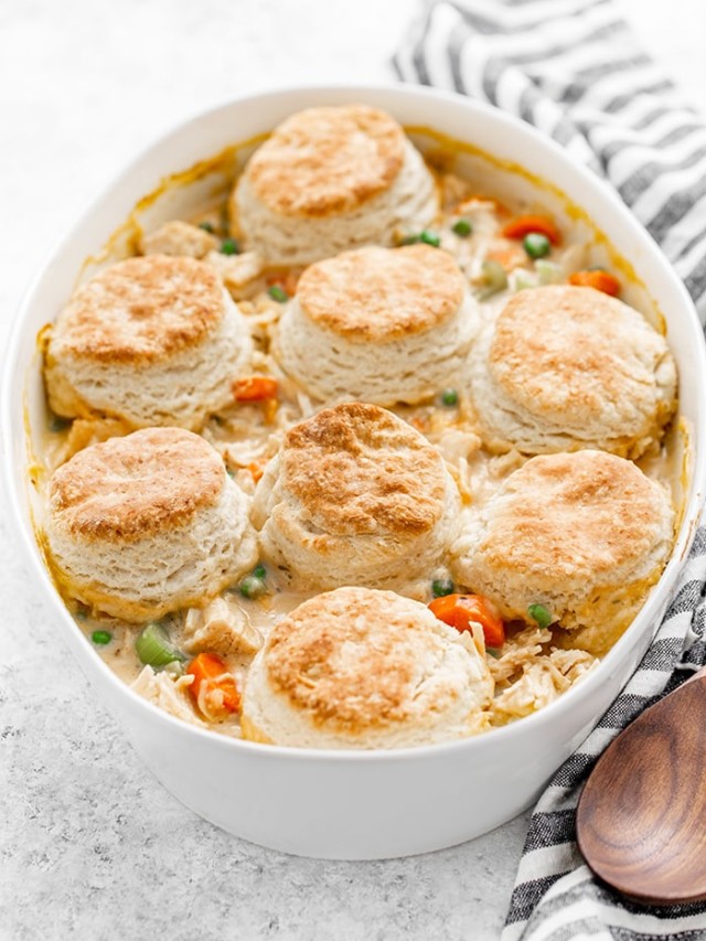 white casserole dish with chicken pot pie