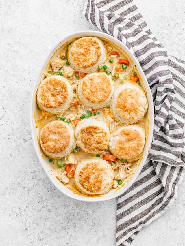 chicken pot pie in a white casserole dish