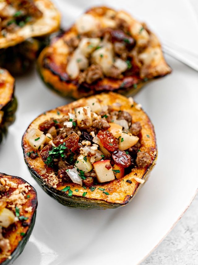 close up photo of stuffed acorn squash