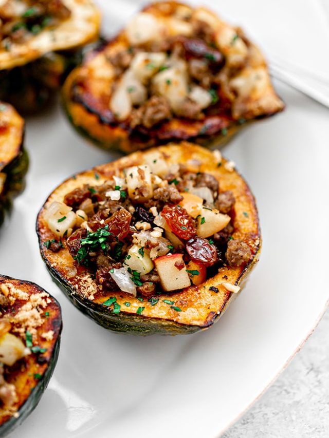 close up photo of stuffed acorn squash