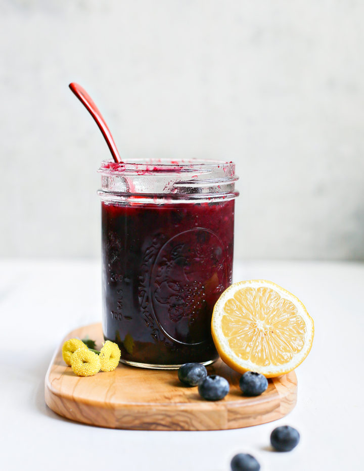 photo of a jar of a lemon blueberry sauce recipe that can be made with frozen blueberries