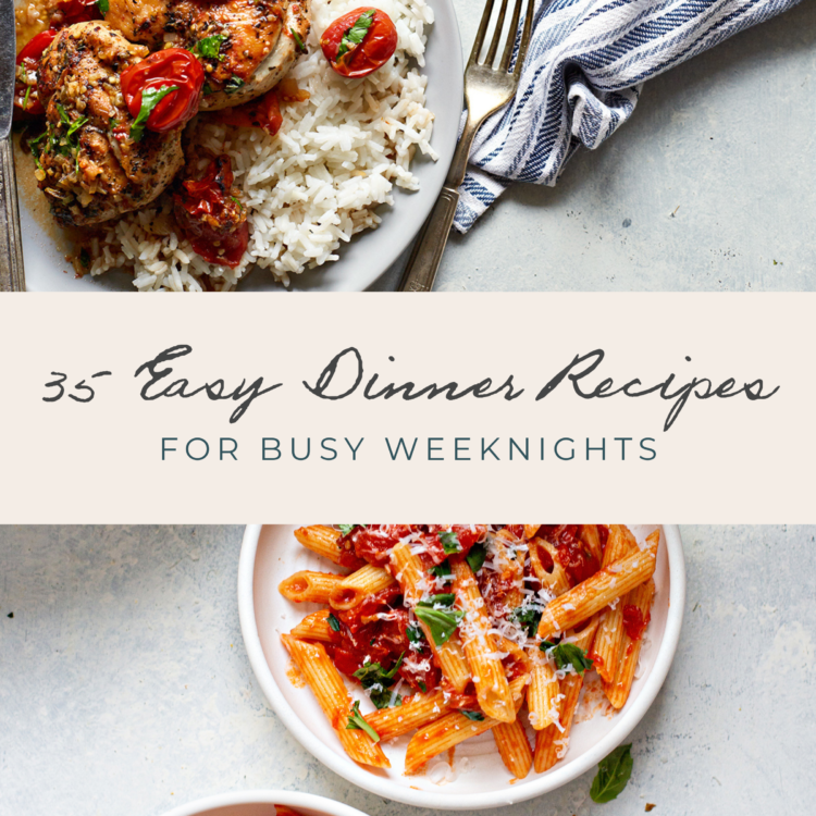 Collage of easy weeknight dinners featuring chicken with rice and tomato penne pasta. Text overlay reads '35 Easy Dinner Recipes for Busy Weeknights' with a subtitle listing chicken, pasta, beef, pork, and vegetarian meals. Perfect dinner ideas for family.