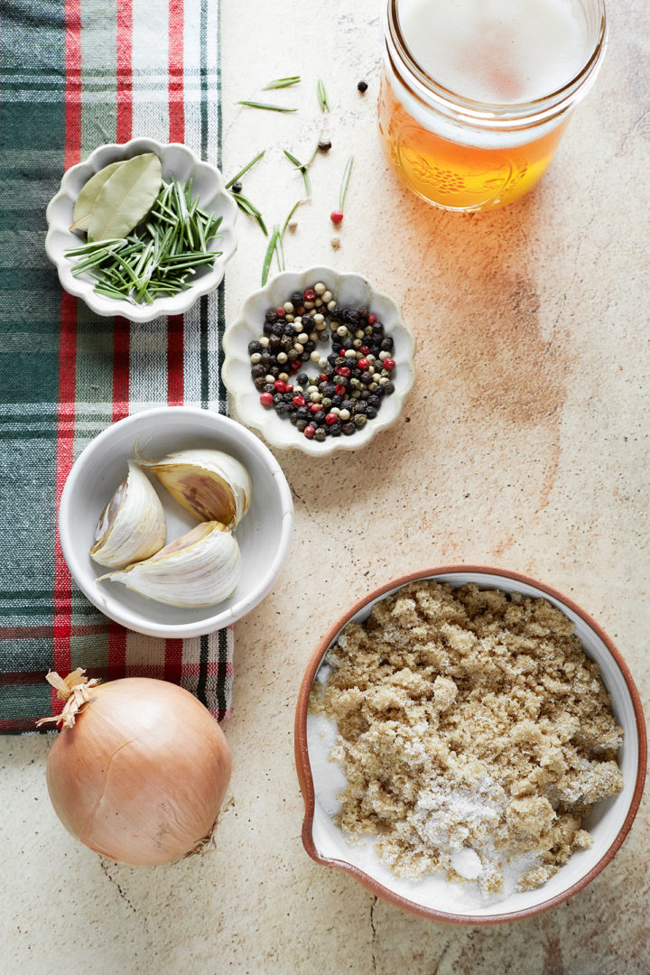 bowls of ingredients to make a brine for smoked turkey