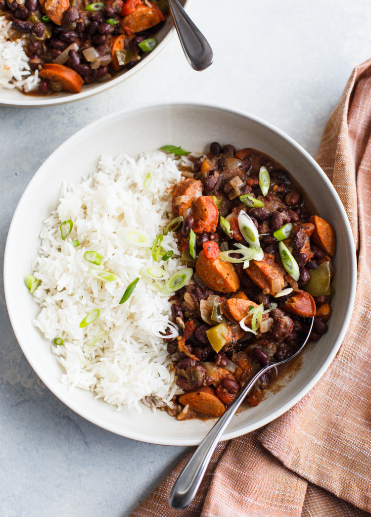 close up overhead shot of a bowl of black beans and rice