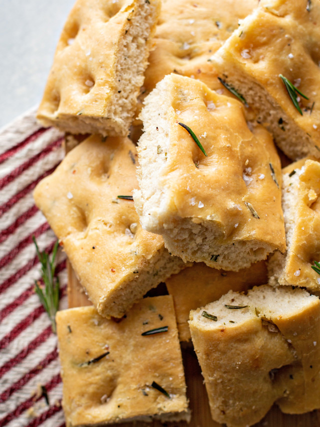 photo of rosemary focaccia cut into squares