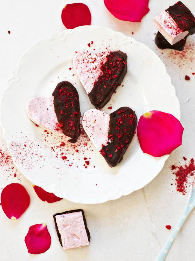 raspberry marshmallows on a white plate