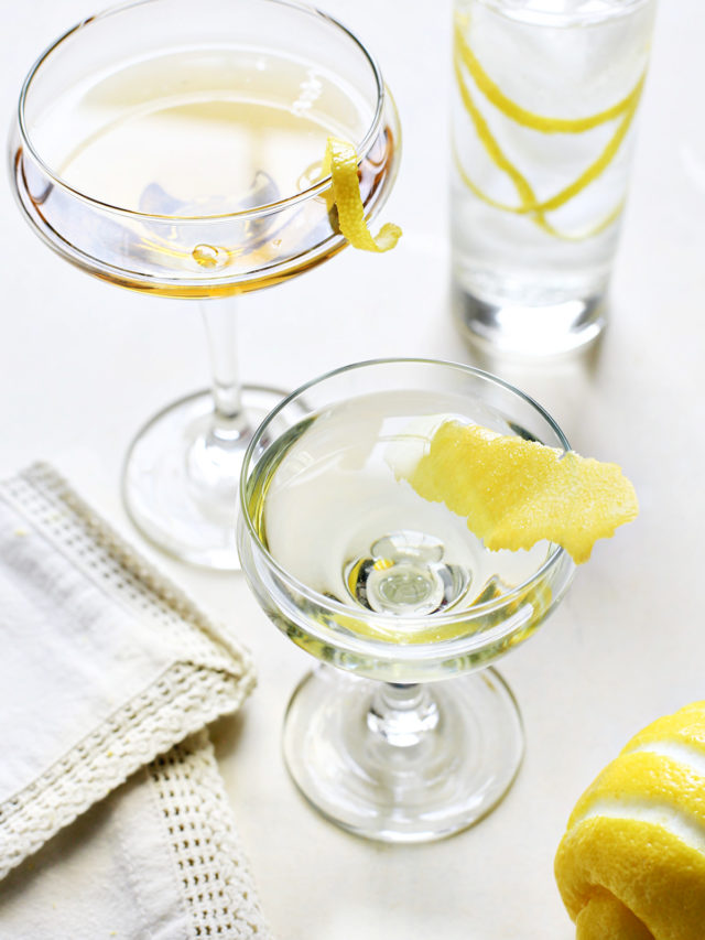 a photo showing different types of lemon garnishes - lemon twist, lemon swath, horse's neck