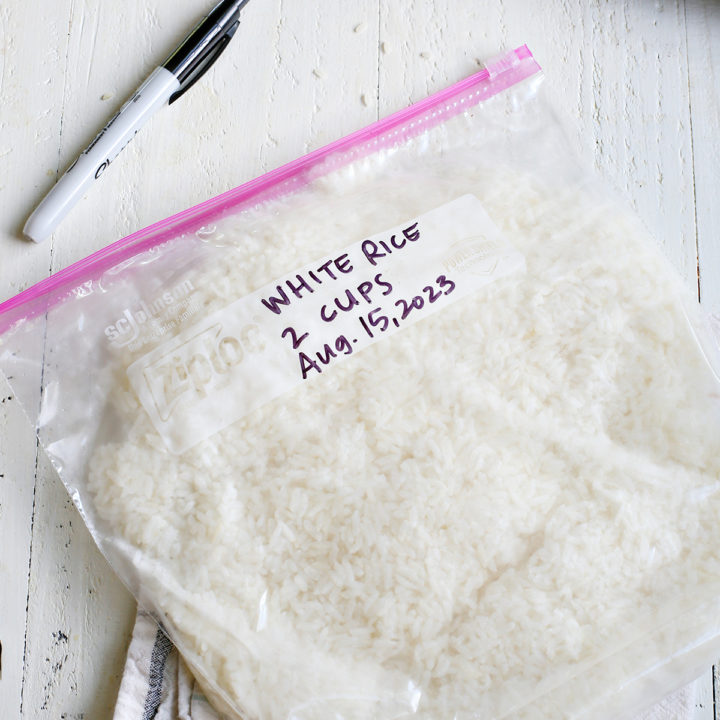 Bag of white rice in a freezer bag