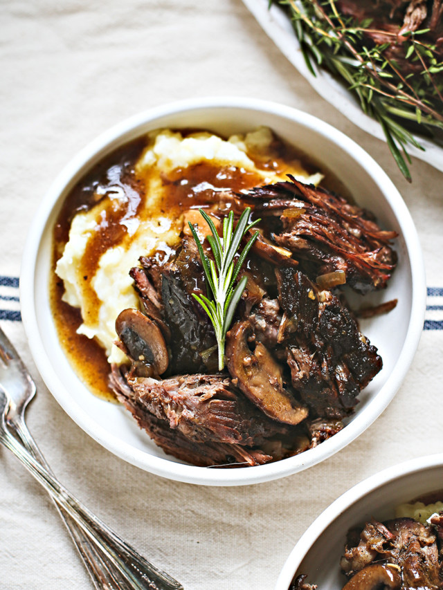 bowl of mashed potatoes with instant pot chuck roast