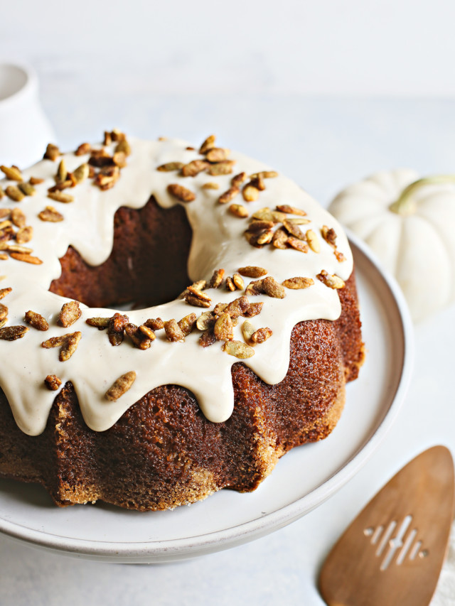 pumpkin bundt cake on a white plate