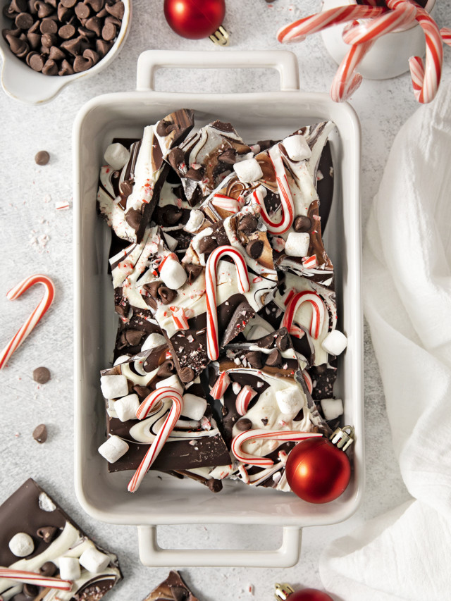 white dish filled with chocolate peppermint bark