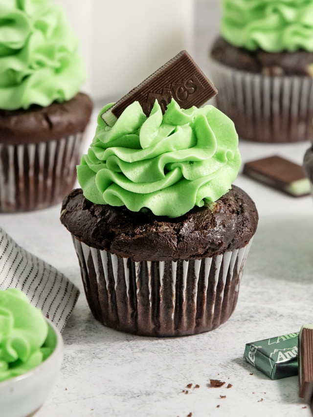 chocolate mint cupcakes on a light background