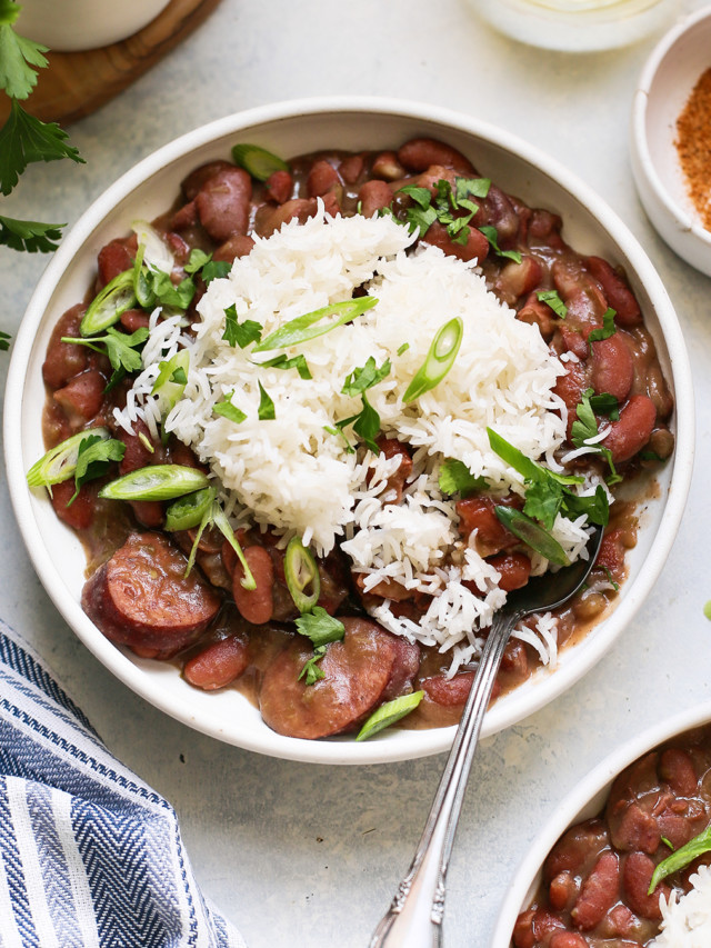 overhead photo of a bowl of authentic red beans and rice