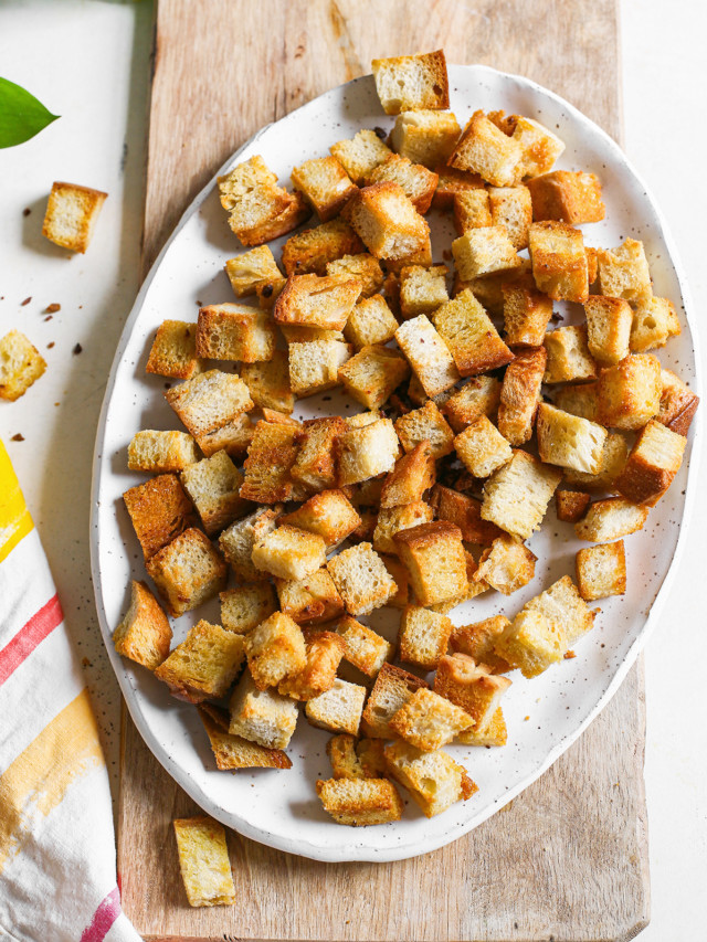 sourdough croutons on a white platter