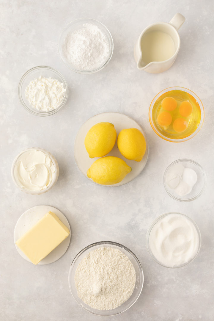 bowls of ingredients to make lemon layer cake recipe from scratch