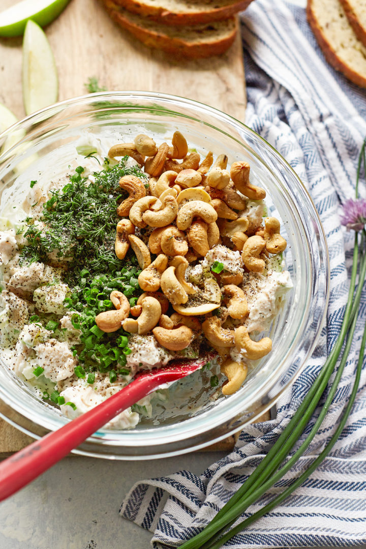 step 1 how to make chicken salad with greek yogurt: adding ingredients in bowl