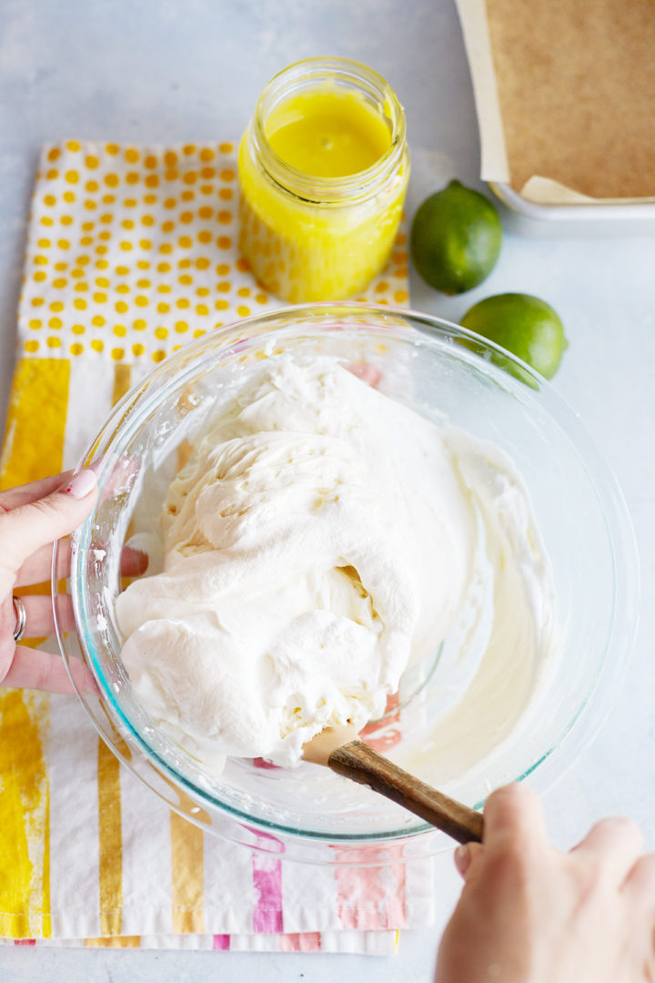 woman showing how to make lime cheesecake bars