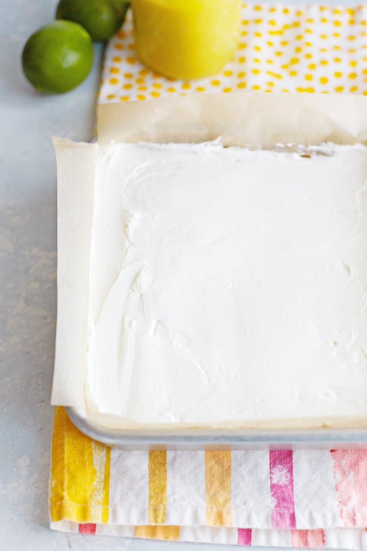 no bake lime cheesecake bars in a pan