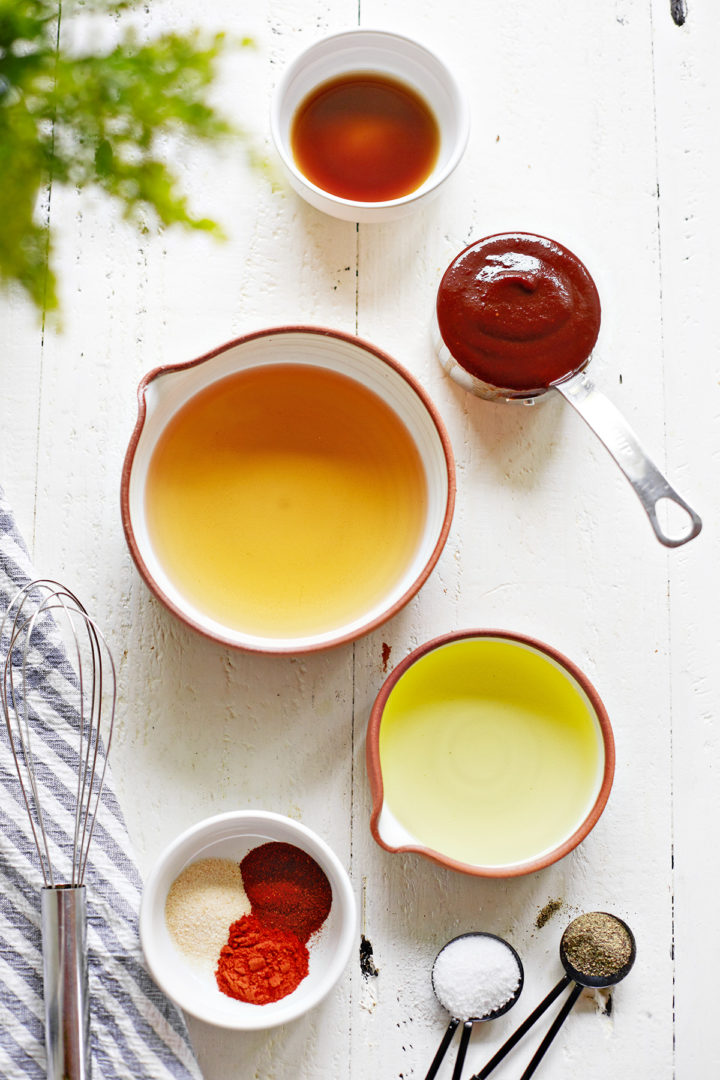 bowls of ingredients needed to make a simple bbq chicken marinade