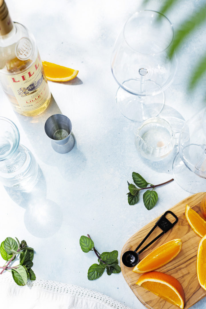 overhead photo of making a lillet blanc cocktail