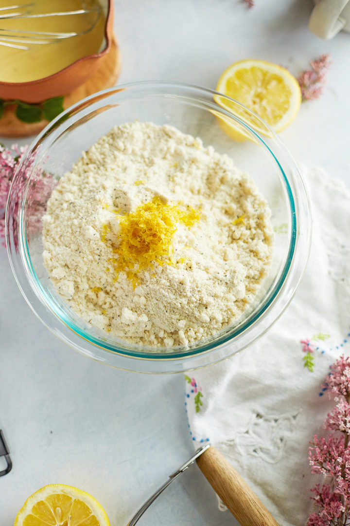 a bowl of dry ingredients for a scone recipe