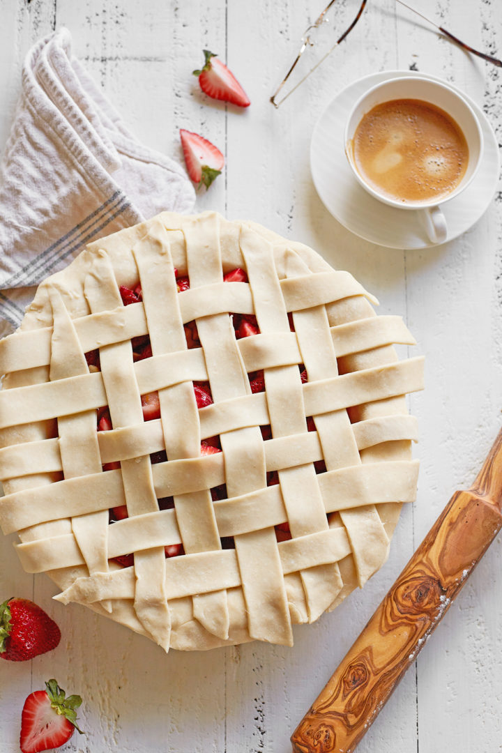 fully assembled lattice topped strawberry rhubarb pie