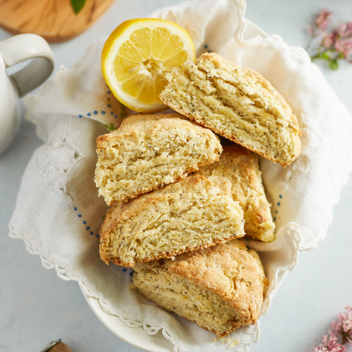 a basket of lemon poppy seed scones