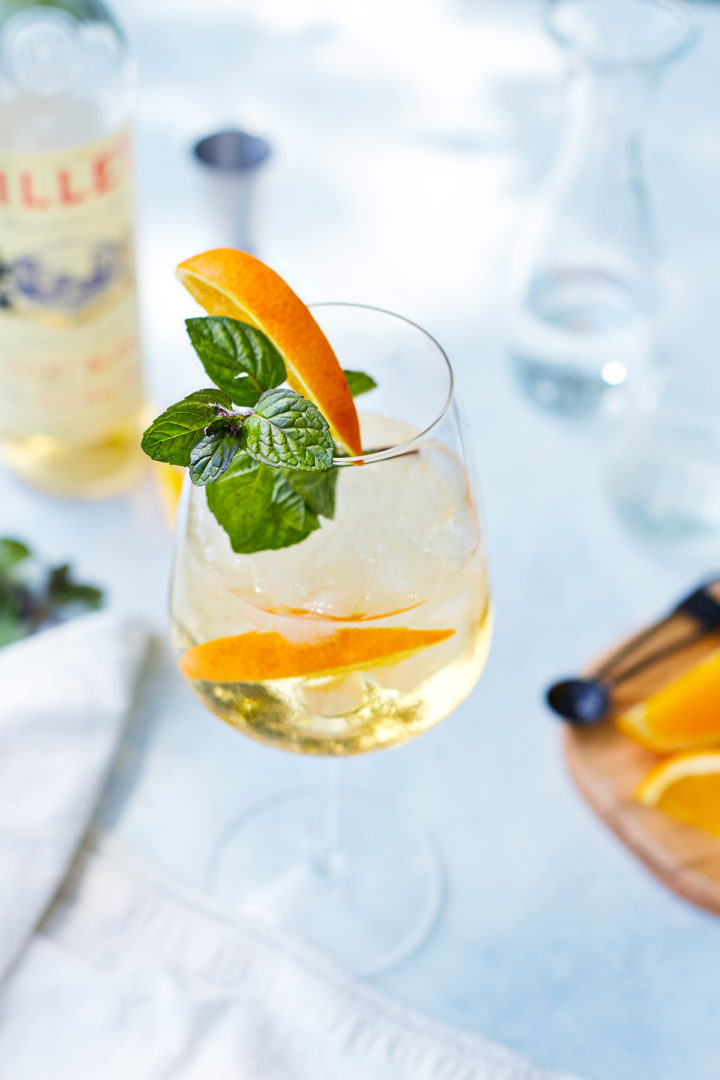 a glass of lillet spritz ready to serve