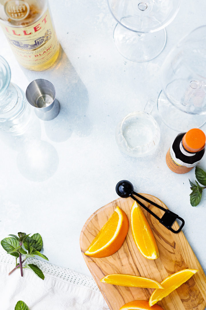 overhead photo of ingredients needed to make a lillet spritzer